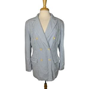Vintage BROOKS BROTHERS Seersucker Jacket Size 12 Womens Blue White Preppy Lined